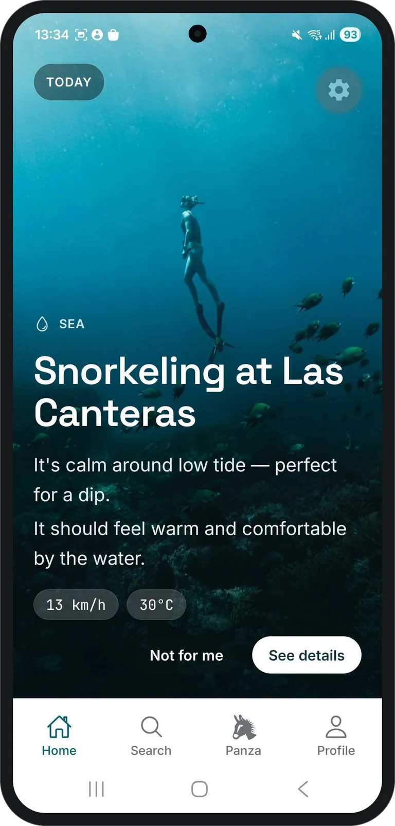 Palmas on a phone, showing today's top pick: snorkeling at Las Canteras